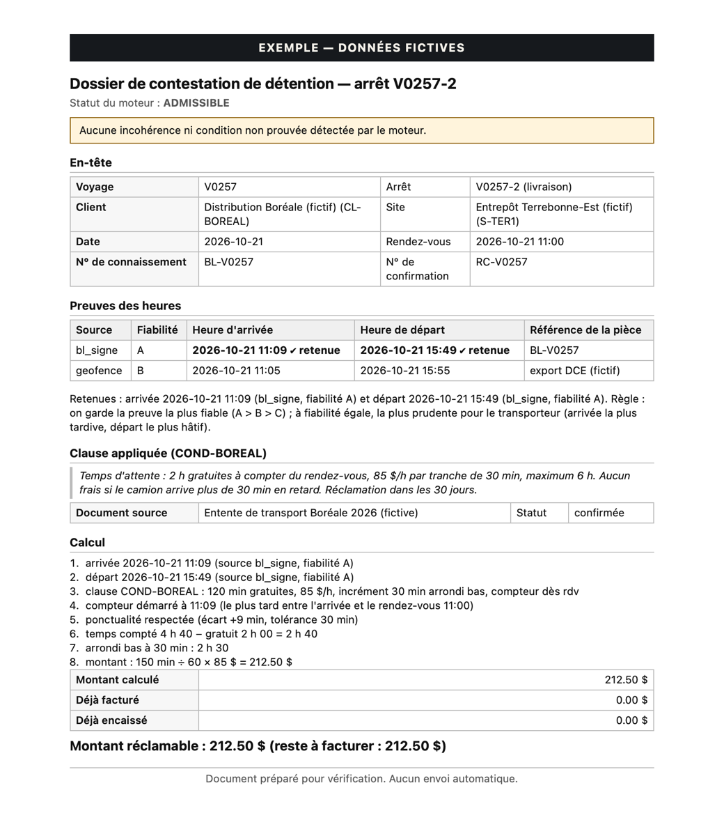 Exemple de dossier de contestation d'une page : en-tête du voyage, tableau des preuves d'arrivée et de départ avec la source retenue, clause appliquée, calcul en huit étapes et montant réclamable. Données fictives.